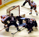 The Flames make the Chops goalie earn his pay.